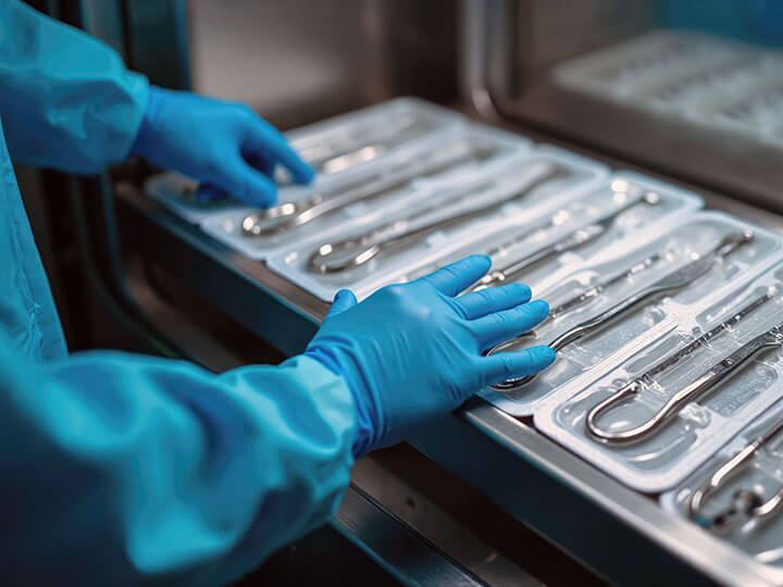 Medical personnel in blue protective equipment place surgical instruments into sterile trays for sterilization