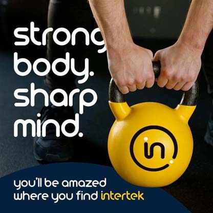 Two hands holding a yellow training weight with the Intertek logo on it
