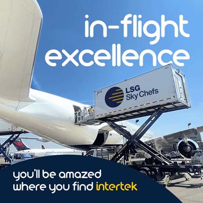 A container from 'LSG Sky Chefs' loading prepared meals onto an airplane